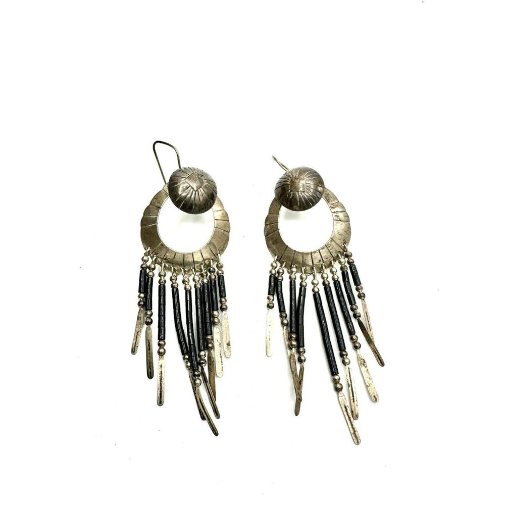 Southwestern Style Lapis Lazuli 925 Sterling Silver Fringe Dangle Earrings 3"